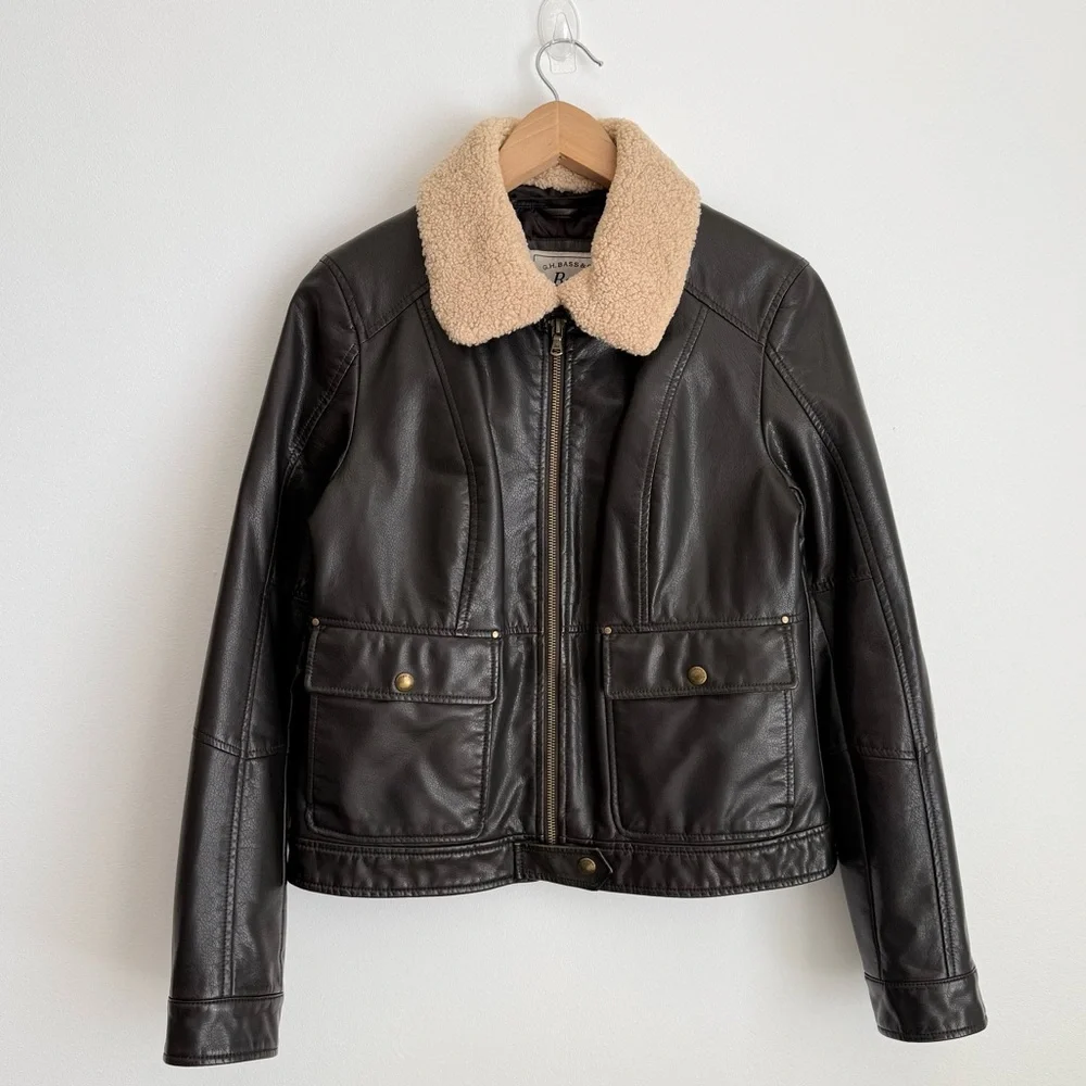 G.H. Bass & Co. Dark Brown Leather Jacket Removeable Shearling Collar, XS